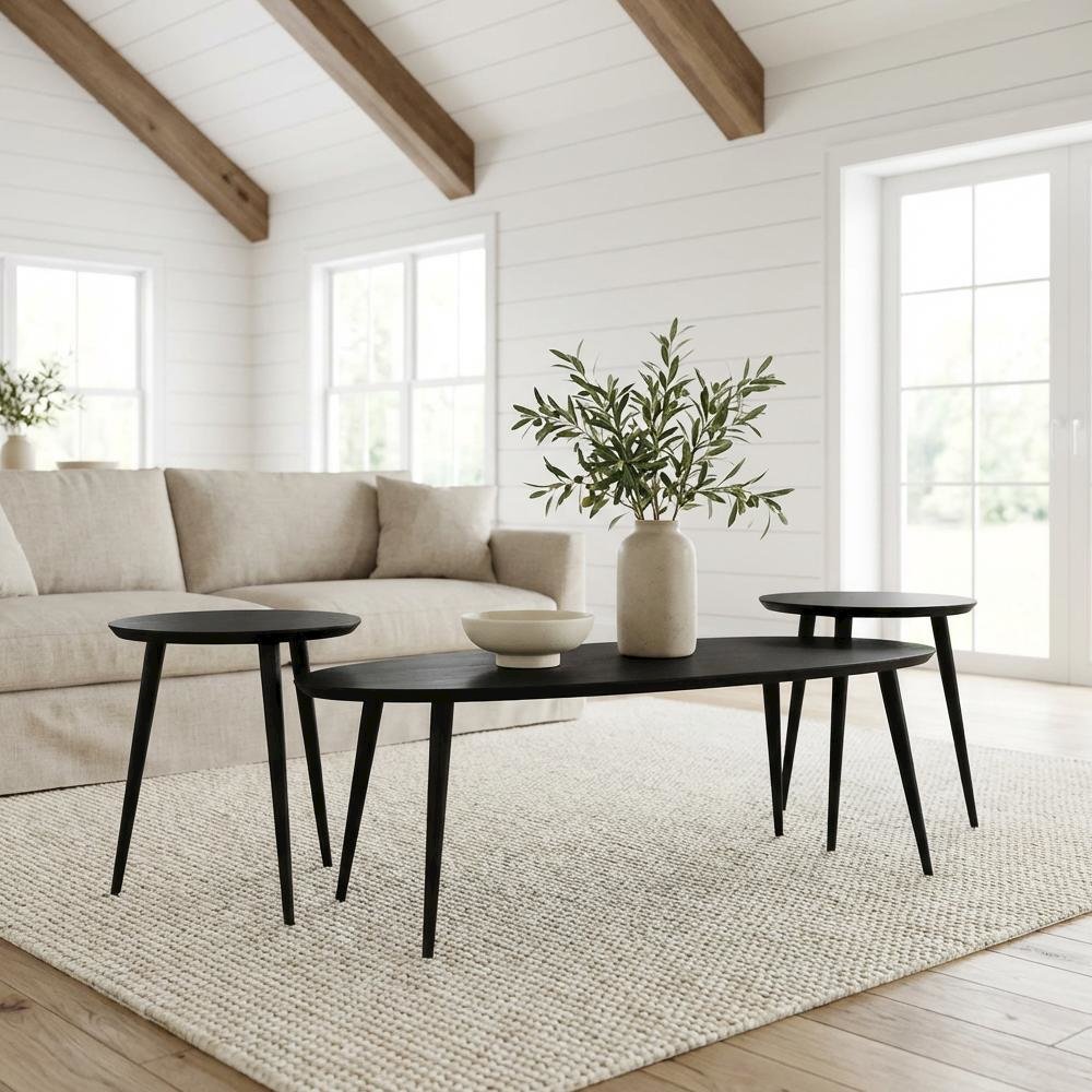 Black Triangular 3-Piece Coffee and End Table Set with Mid-Century Modern Design. Picture 2