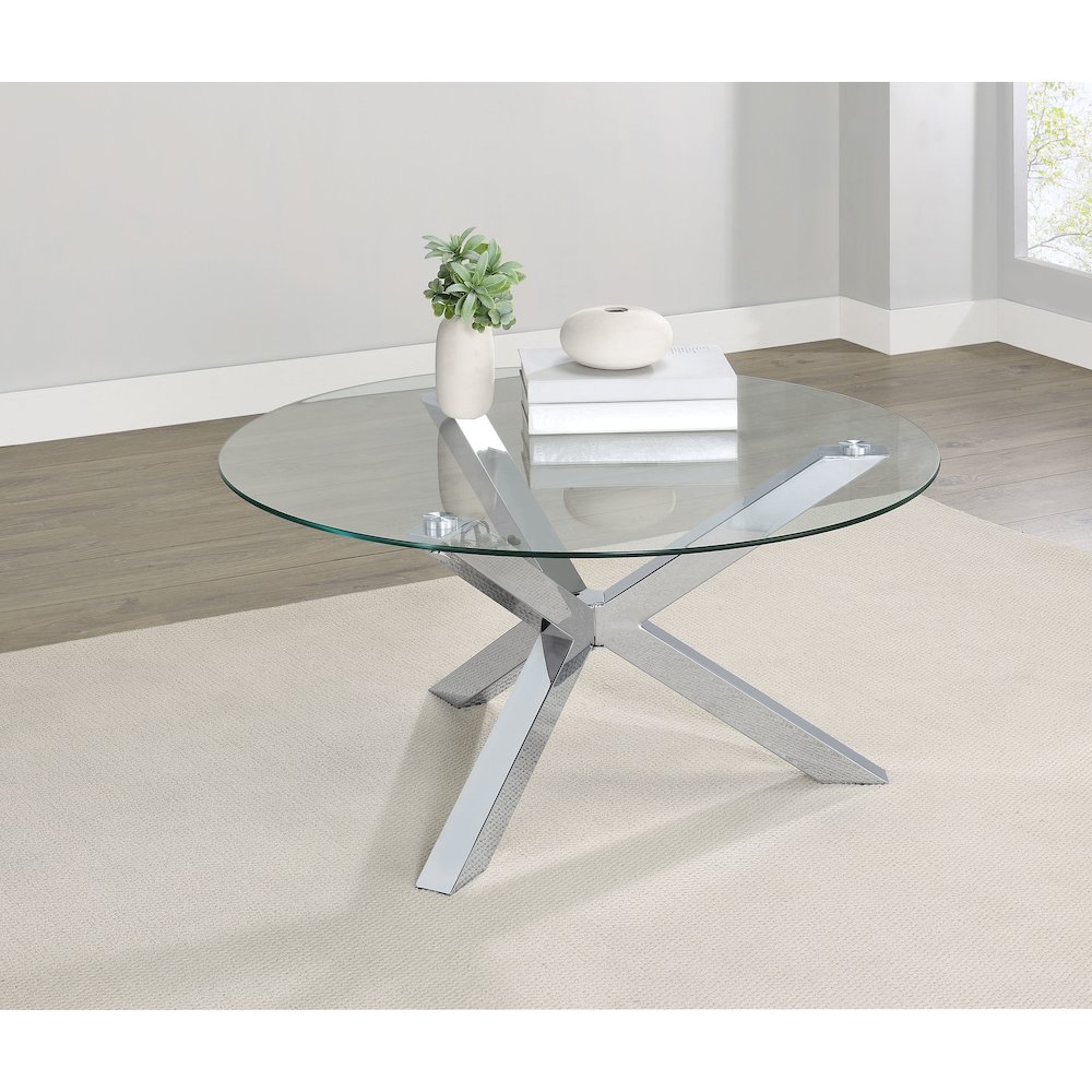 Kenzie Round Tempered Glass Top Cocktail Coffee Table Chrome. Picture 3