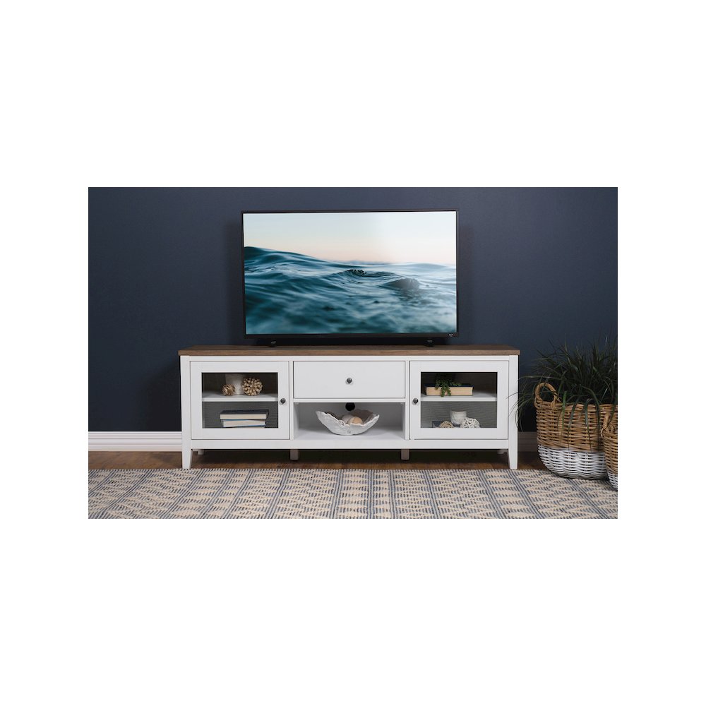 Hollis 2-door Wood 67" TV Stand with Drawer Brown and White. Picture 10