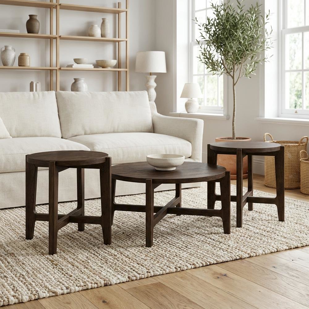 Dark Brown 3-Piece Solid Wood Coffee and End Table Set with Round Shape. Picture 3