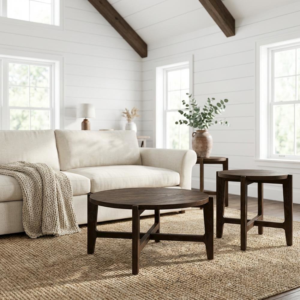 Dark Brown 3-Piece Solid Wood Coffee and End Table Set with Round Shape. Picture 2