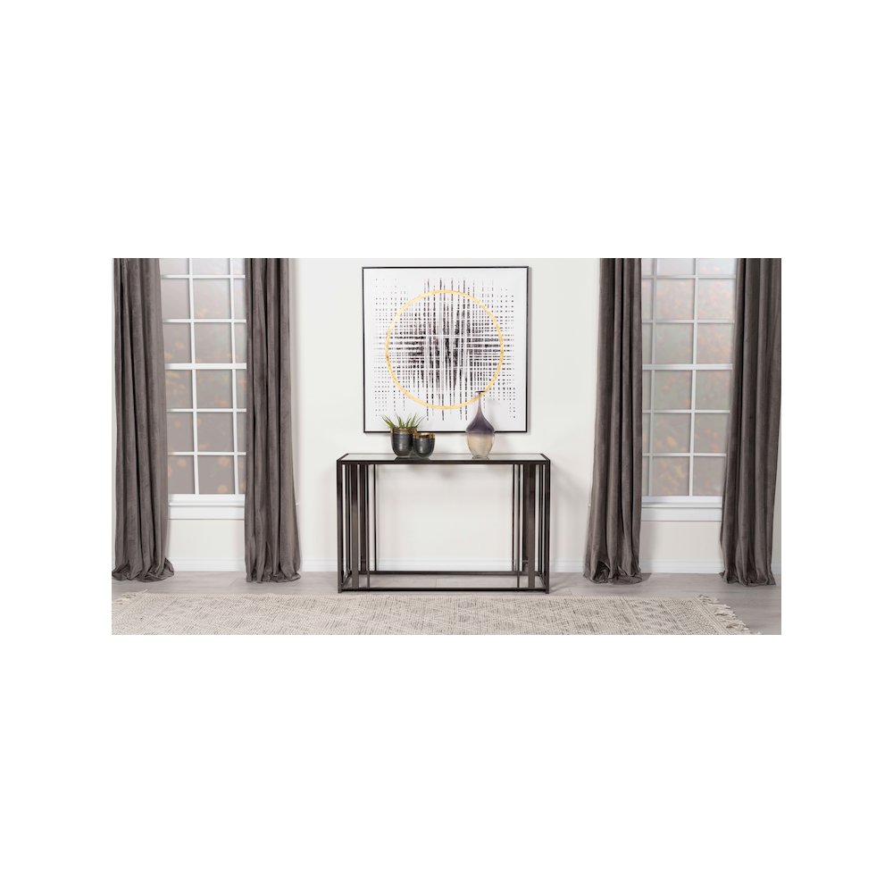 Adri Glass Top Entryway Sofa Console Table Black Nickel. Picture 10