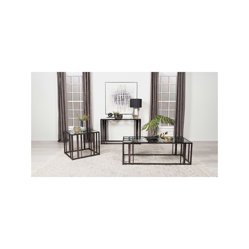 Adri Glass Top Entryway Sofa Console Table Black Nickel. Picture 12