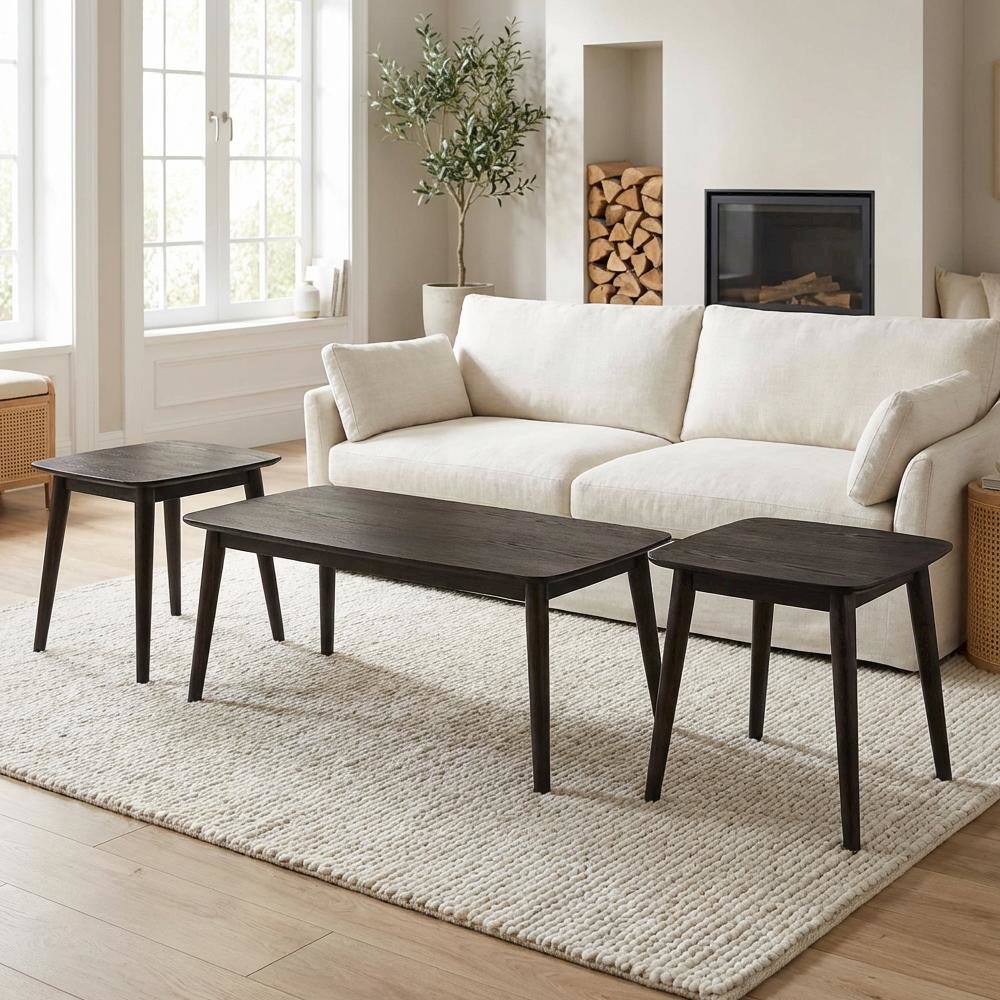 3-Piece Black Rectangular Coffee Table Set with Mid-Century Modern Style. Picture 3