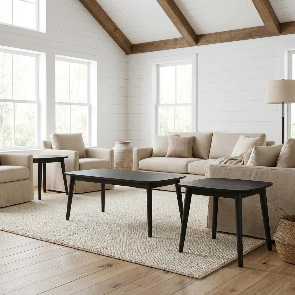 3-Piece Black Rectangular Coffee Table Set with Mid-Century Modern Style. Picture 2