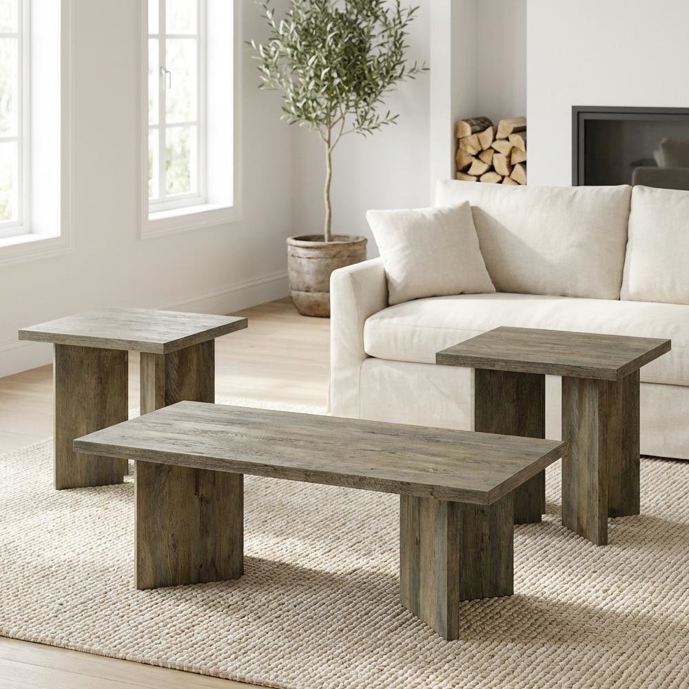 Mango Brown 3-Piece Coffee and End Table Set with Rectangular Farmhouse Design. Picture 3