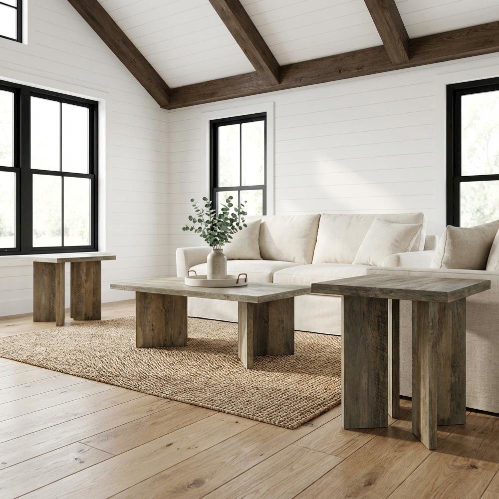 Mango Brown 3-Piece Coffee and End Table Set with Rectangular Farmhouse Design. Picture 2