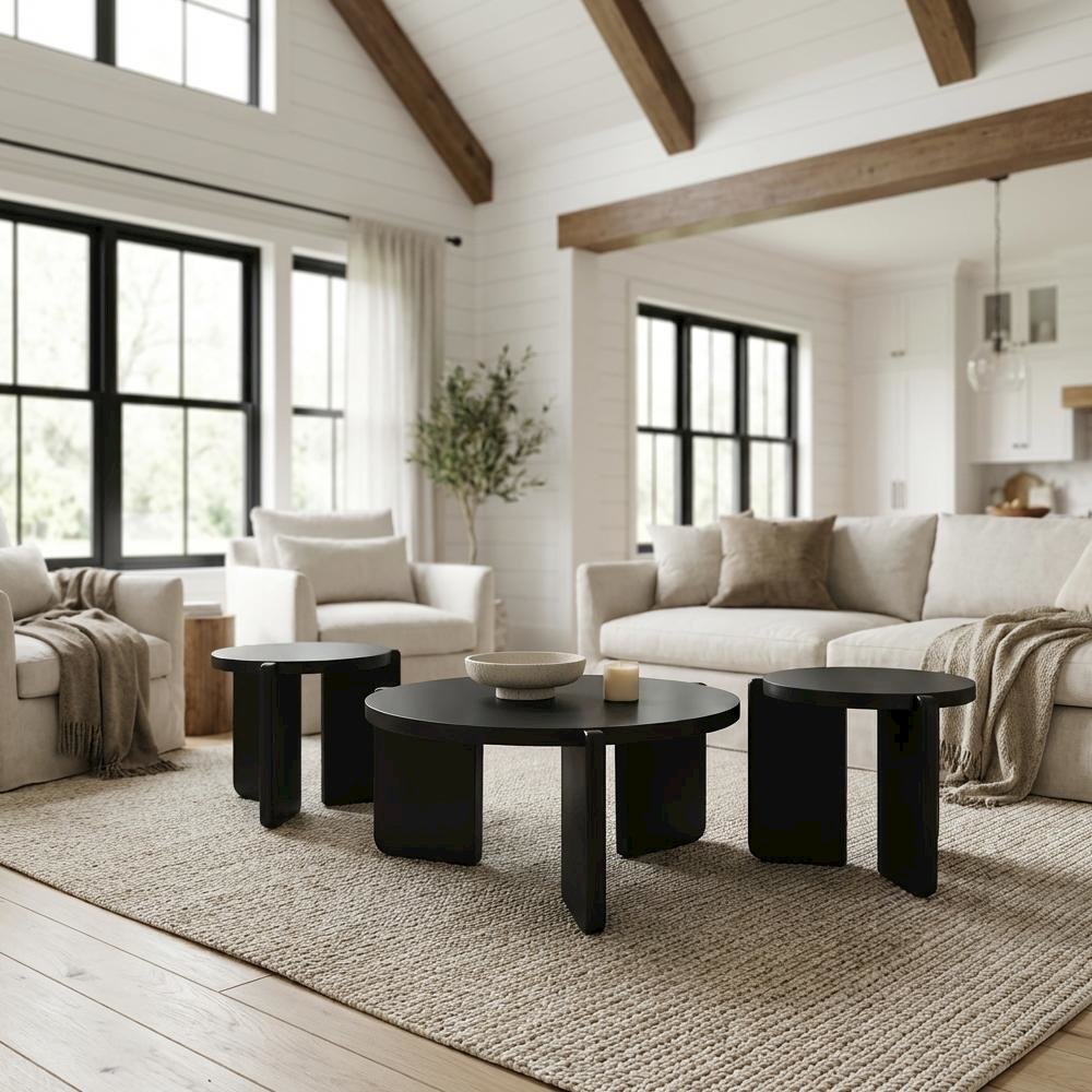 3-Piece Solid Wood Coffee and End Table Set, Round Tops, Contemporary Design. Picture 2