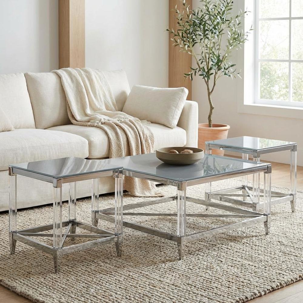 3-Piece Square Chrome Coffee and End Table Set with Plastic Glides. Picture 3