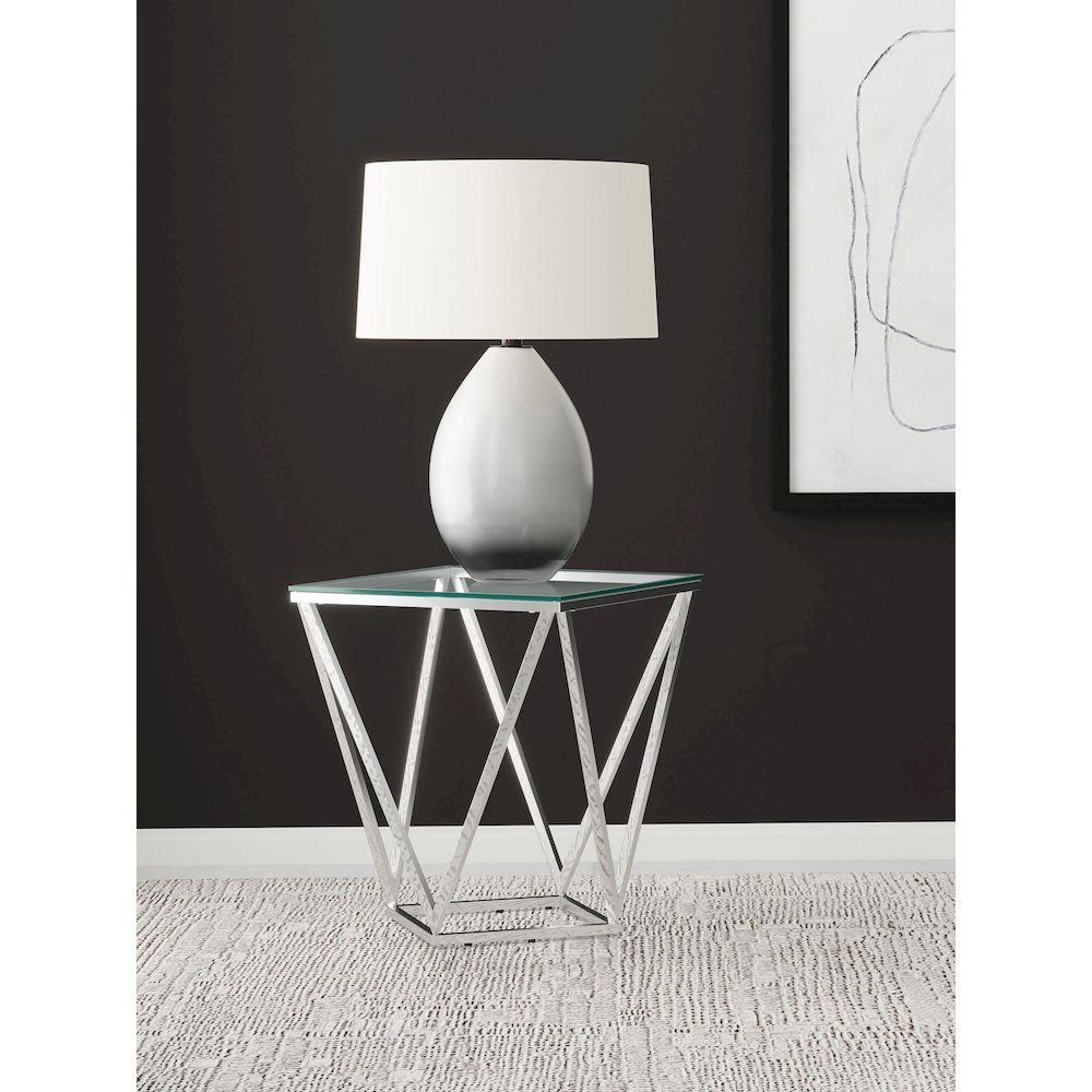 Brittania Square Glass Top Geometric End Table Nickel. Picture 7