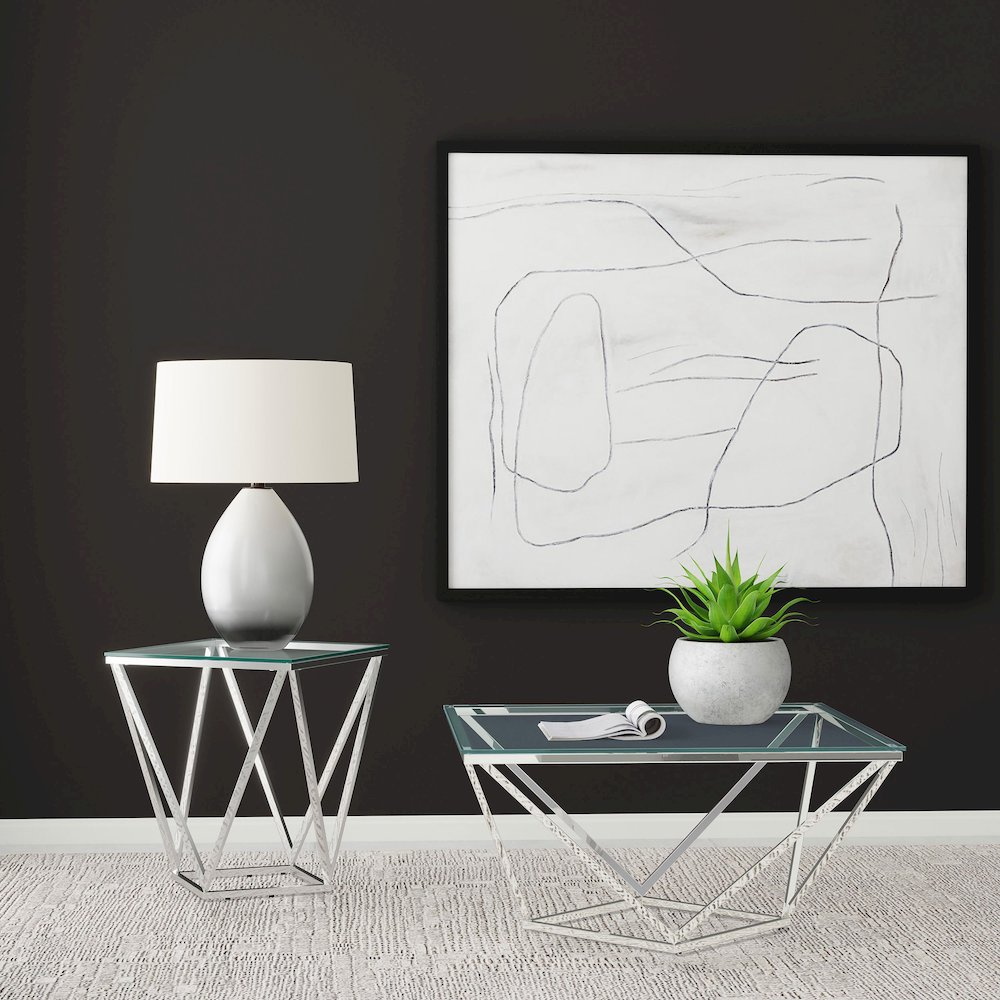 Brittania Square Glass Top Geometric End Table Nickel. Picture 9