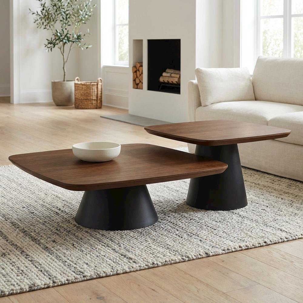 Walnut and Black 2-Piece Coffee and End Table Set with Contemporary Style. Picture 3