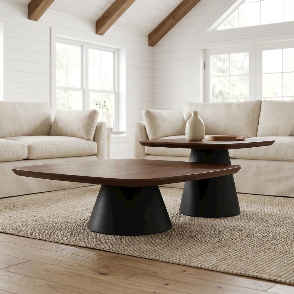 Walnut and Black 2-Piece Coffee and End Table Set with Contemporary Style. Picture 2