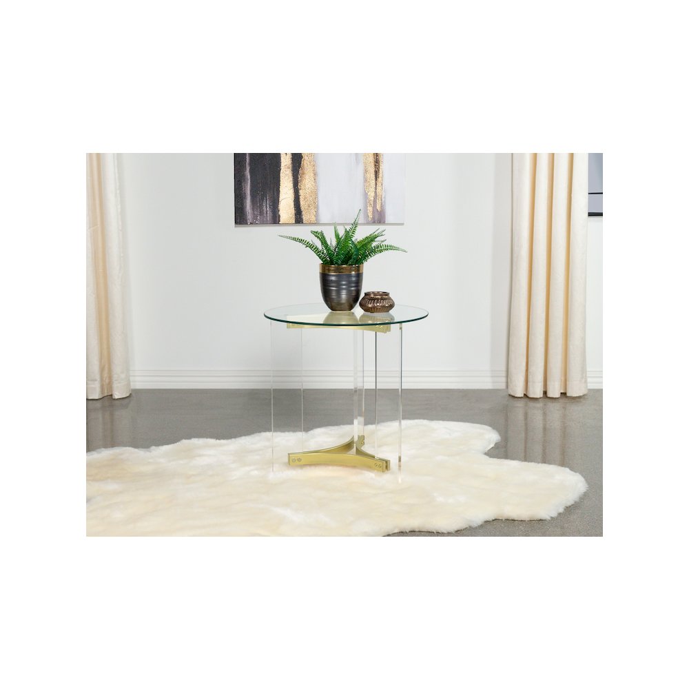 Janessa Round Glass Top Acrylic Leg End Table Matte Brass. Picture 8