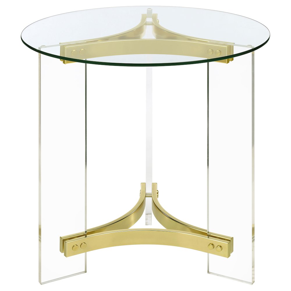 Janessa Round Glass Top Acrylic Leg End Table Matte Brass. Picture 3