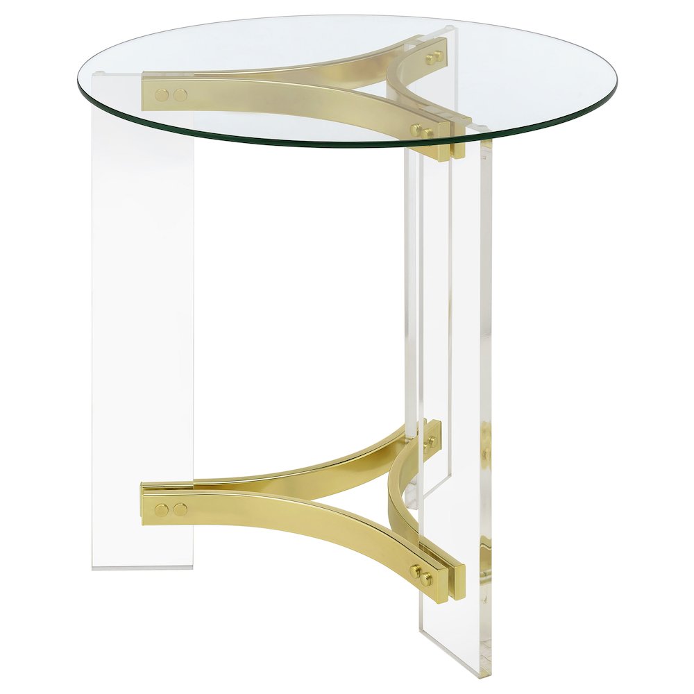 Janessa Round Glass Top Acrylic Leg End Table Matte Brass. Picture 4
