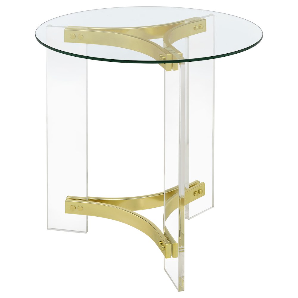 Janessa Round Glass Top Acrylic Leg End Table Matte Brass. Picture 5
