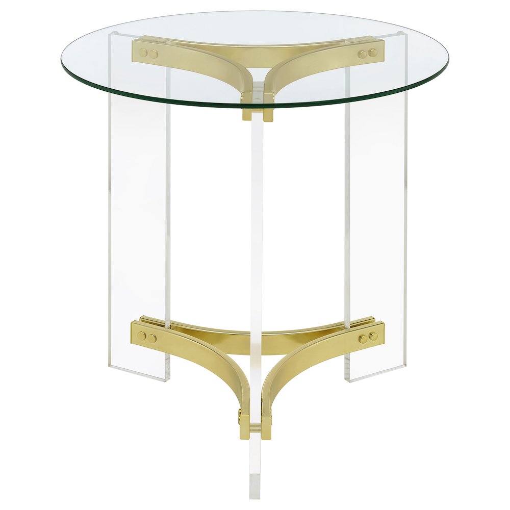 Janessa Round Glass Top Acrylic Leg End Table Matte Brass. Picture 6