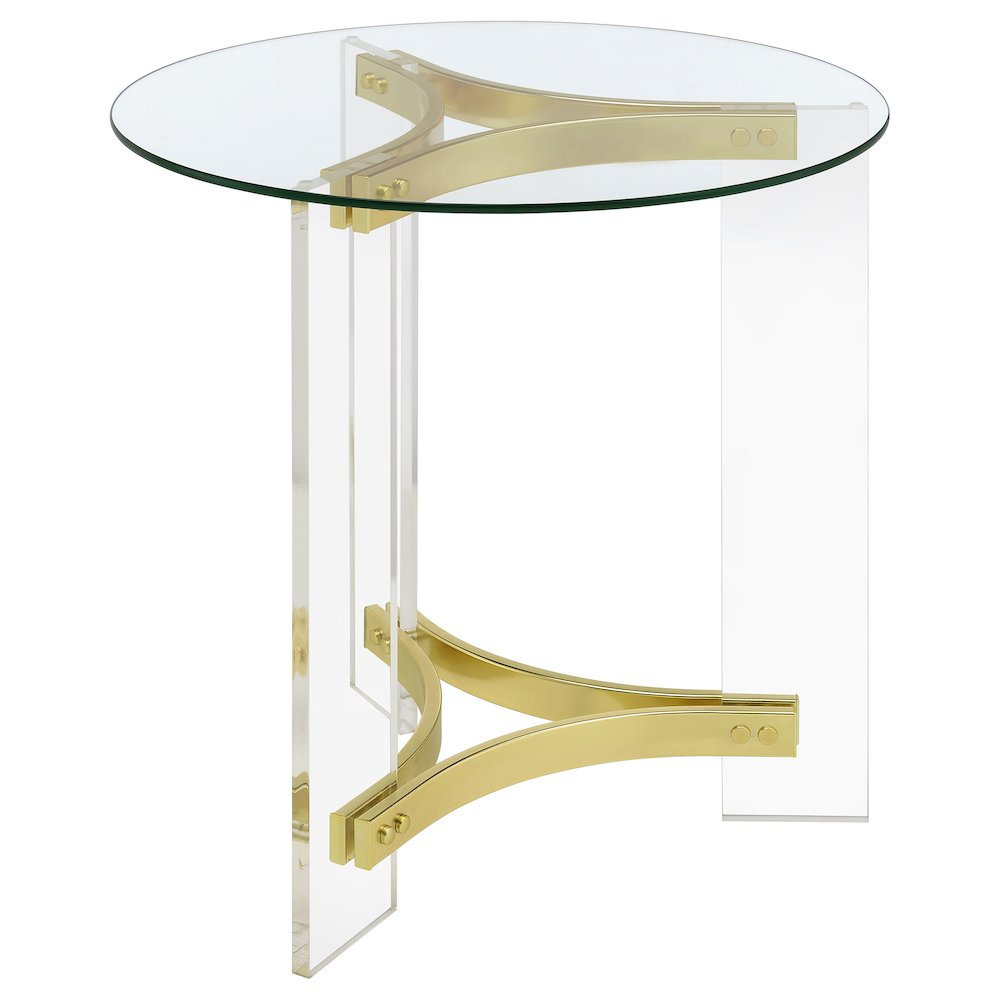 Janessa Round Glass Top Acrylic Leg End Table Matte Brass. Picture 7