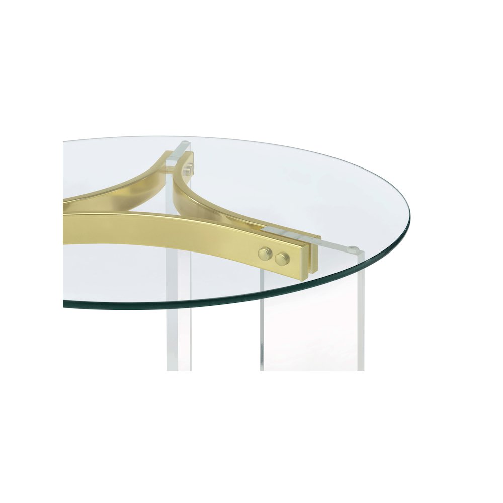 Janessa Round Glass Top Acrylic Leg End Table Matte Brass. Picture 11