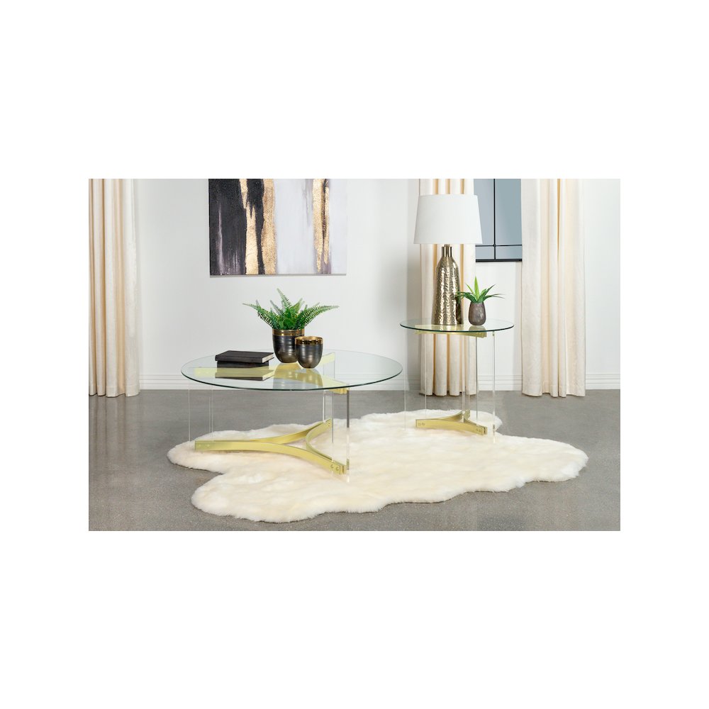 Janessa Round Glass Top Acrylic Leg End Table Matte Brass. Picture 10