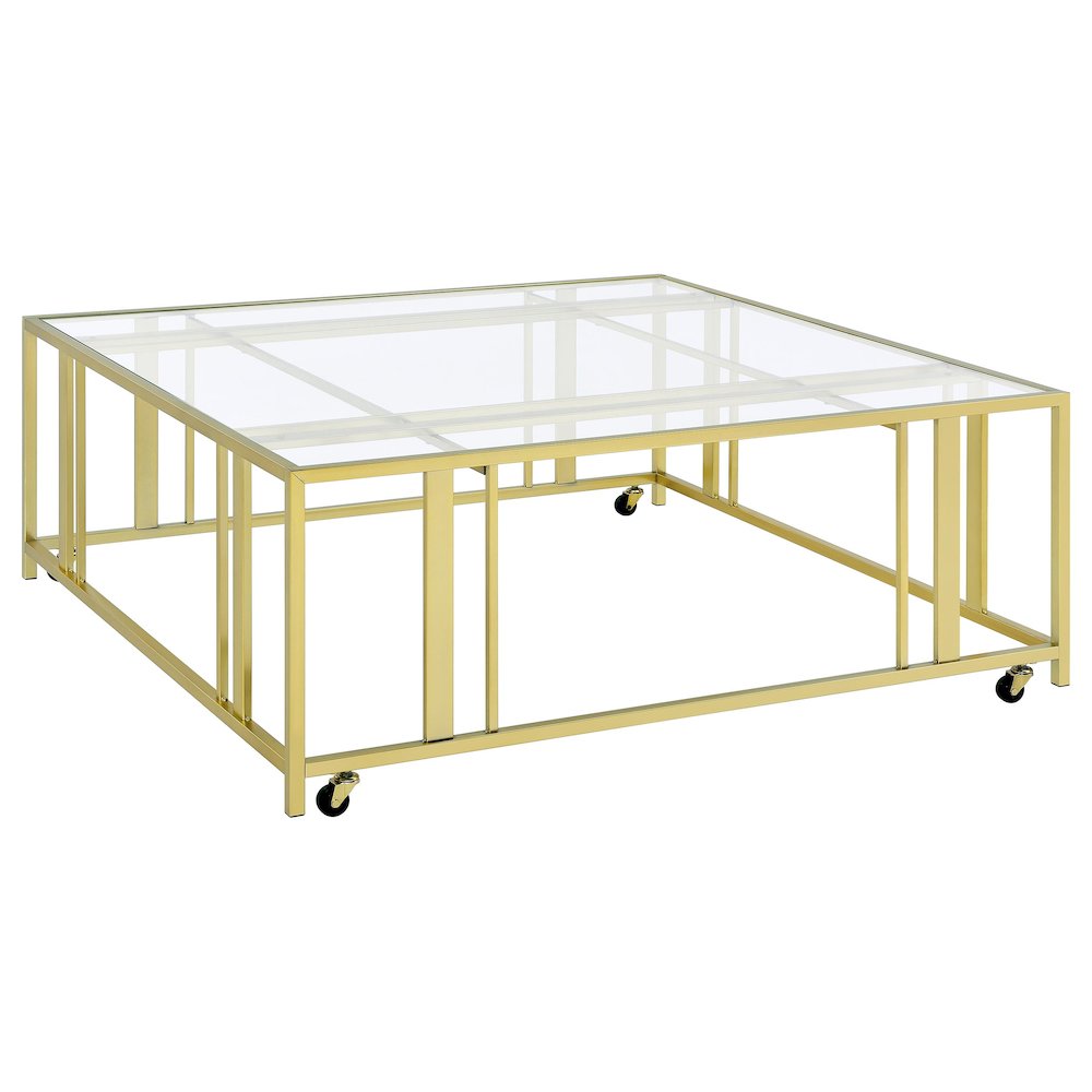 Adri Square Glass Top Coffee Table with Casters Matte Brass. Picture 1