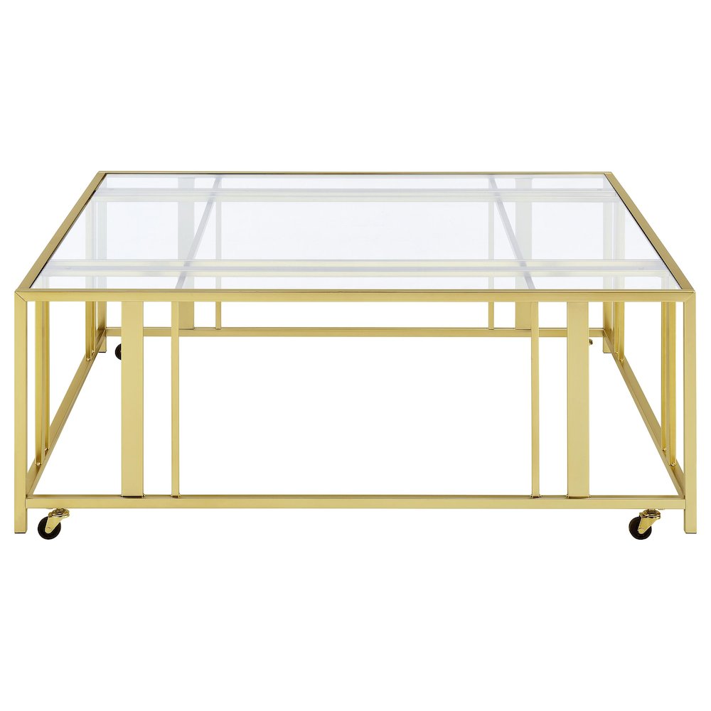 Adri Square Glass Top Coffee Table with Casters Matte Brass. Picture 3
