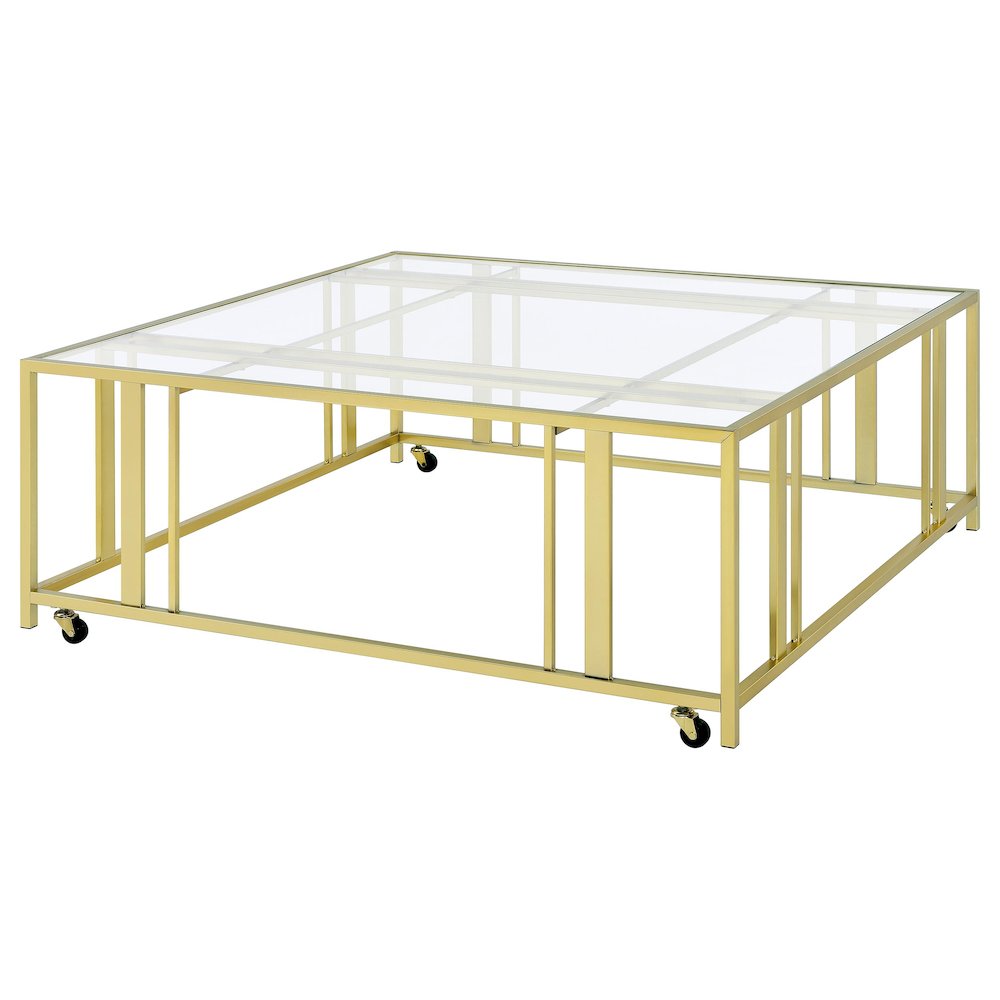 Adri Square Glass Top Coffee Table with Casters Matte Brass. Picture 4