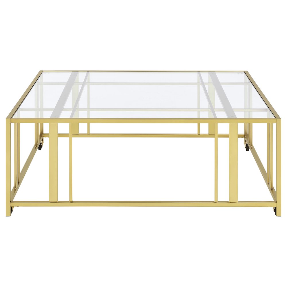Adri Square Glass Top Coffee Table with Casters Matte Brass. Picture 5