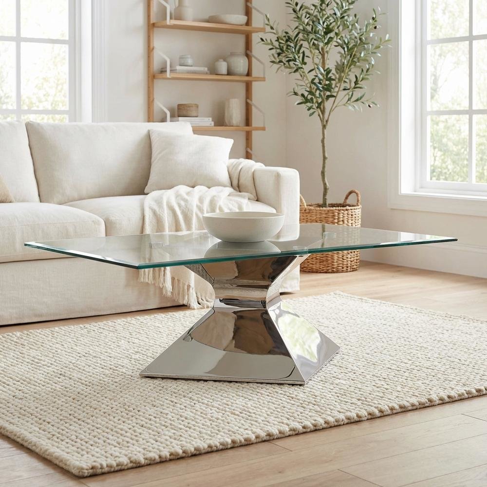 Rectangular Chrome Coffee Table with Glass Top and Stainless Steel Frame. Picture 3
