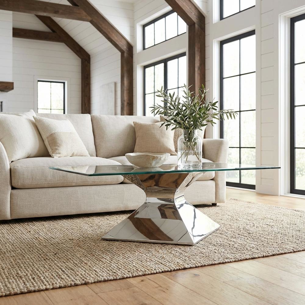 Rectangular Chrome Coffee Table with Glass Top and Stainless Steel Frame. Picture 2