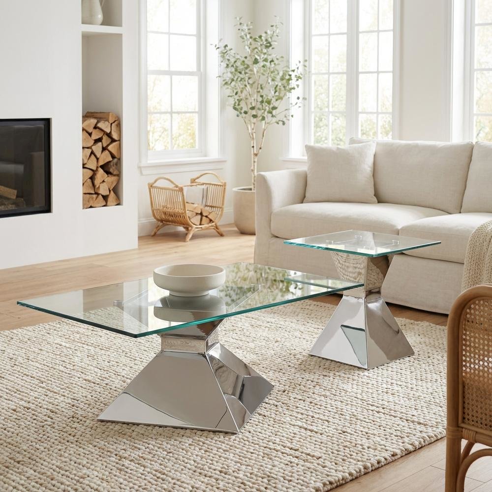 Chrome 2-Piece Rectangular Coffee and End Table Set with Contemporary Design. Picture 3