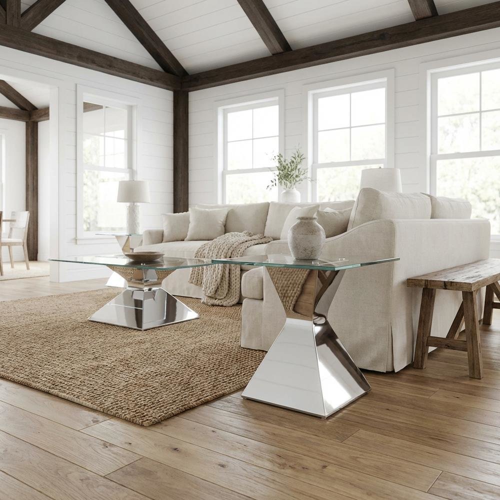 Chrome 2-Piece Rectangular Coffee and End Table Set with Contemporary Design. Picture 2