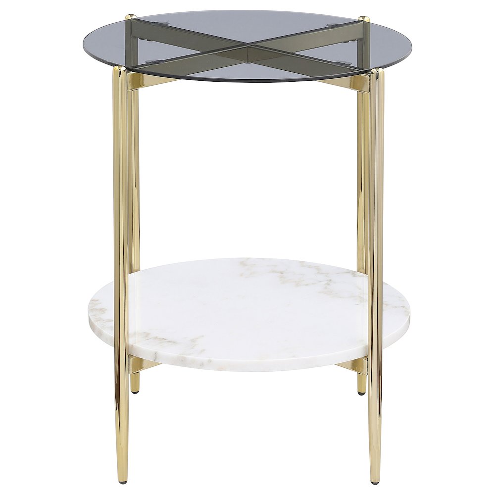 Jonelle Round Glass Top End Table White Marble Shelf Gold. Picture 3