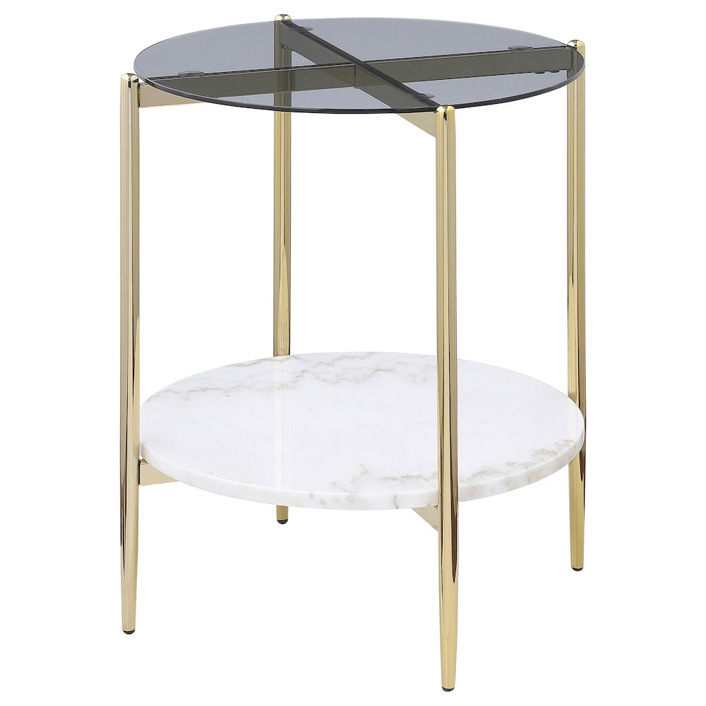 Jonelle Round Glass Top End Table White Marble Shelf Gold. Picture 4