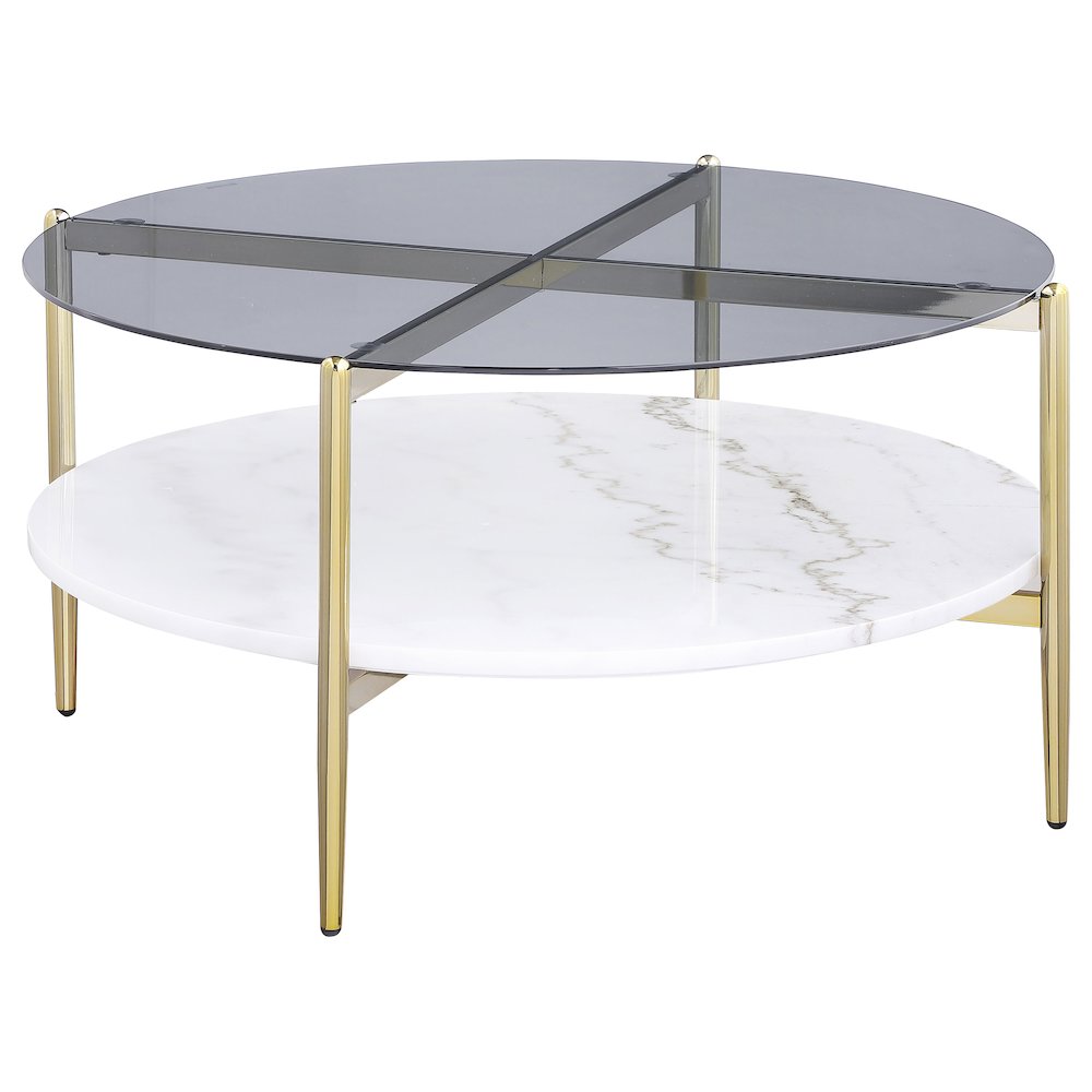 Jonelle Round Glass Top Coffee Table White Marble Shelf Gold. Picture 1