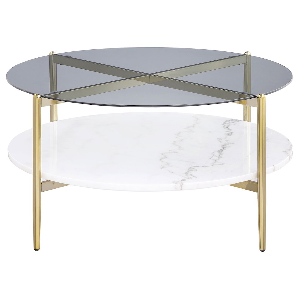 Jonelle Round Glass Top Coffee Table White Marble Shelf Gold. Picture 3