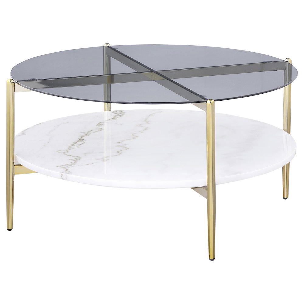 Jonelle Round Glass Top Coffee Table White Marble Shelf Gold. Picture 4
