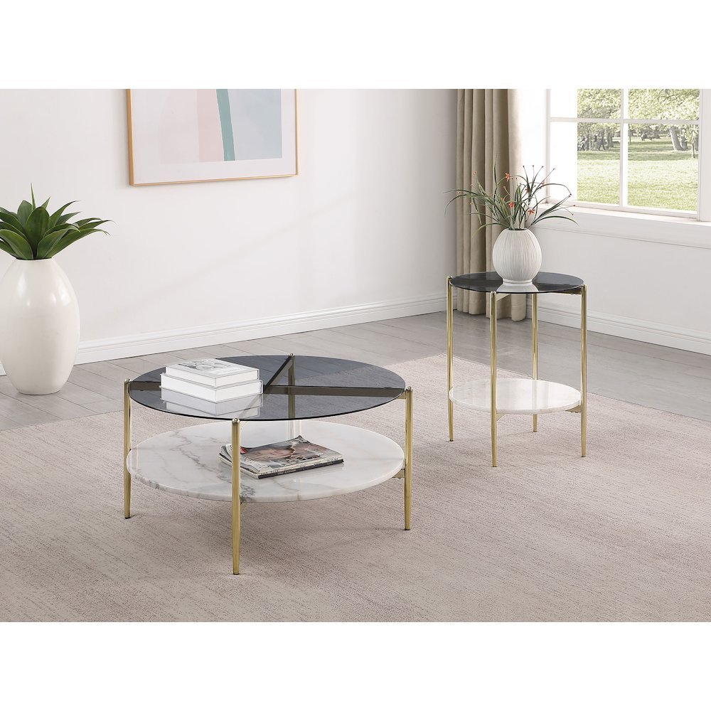 Jonelle Round Glass Top Coffee Table White Marble Shelf Gold. Picture 7