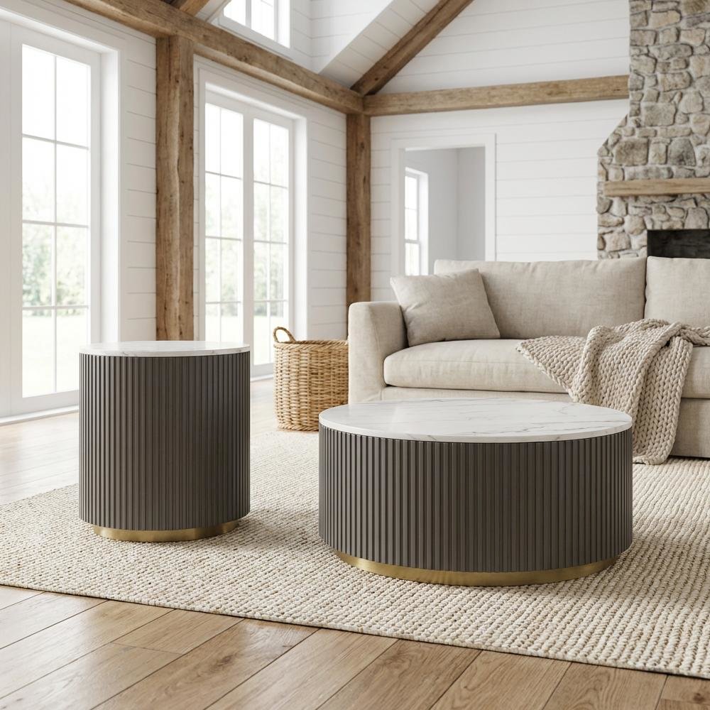 White 2-Piece Round Coffee and End Table Set with Contemporary Design. Picture 2