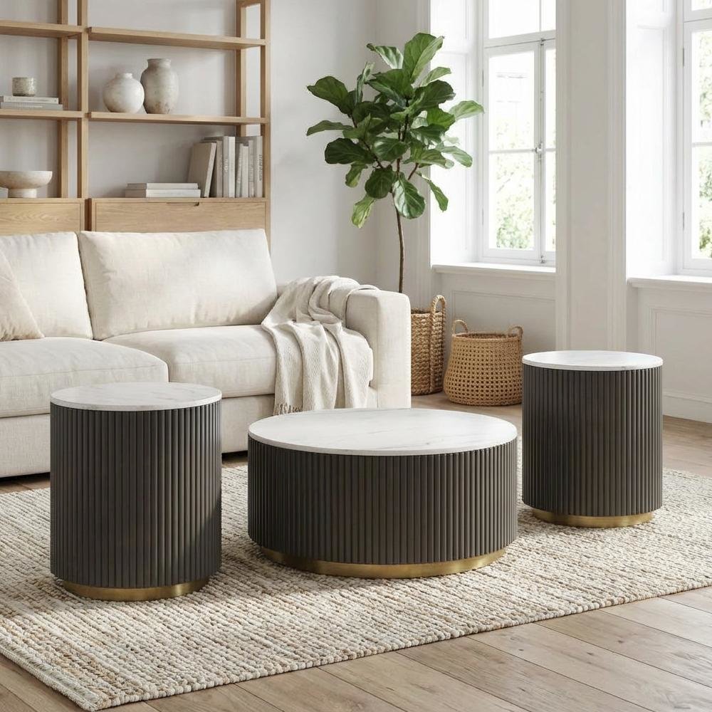 White 3-Piece Round Marble Coffee and End Table Set with Contemporary Style. Picture 3