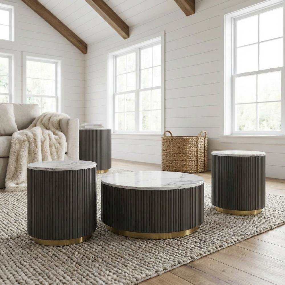 White 3-Piece Round Marble Coffee and End Table Set with Contemporary Style. Picture 2