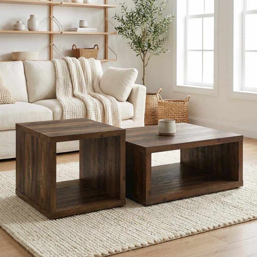 Dark Pine 2-Piece Coffee and End Table Set with Square Shape and Plastic Glide. Picture 3
