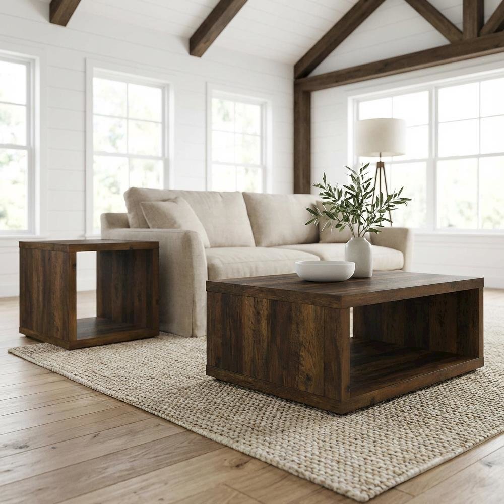 Dark Pine 2-Piece Coffee and End Table Set with Square Shape and Plastic Glide. Picture 2