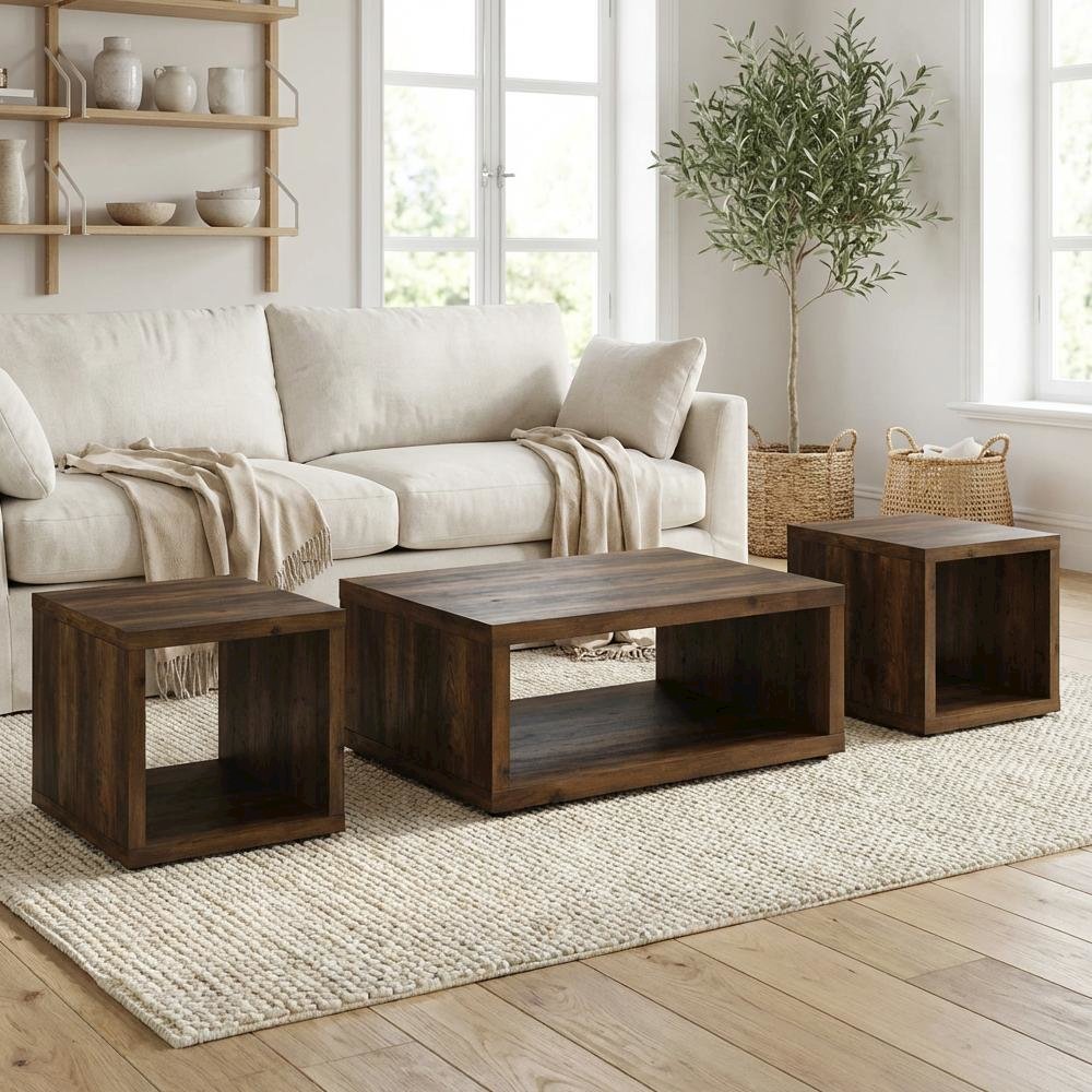 Dark Pine 3-Piece Coffee and End Table Set with Plastic Glide, Farmhouse Style. Picture 3