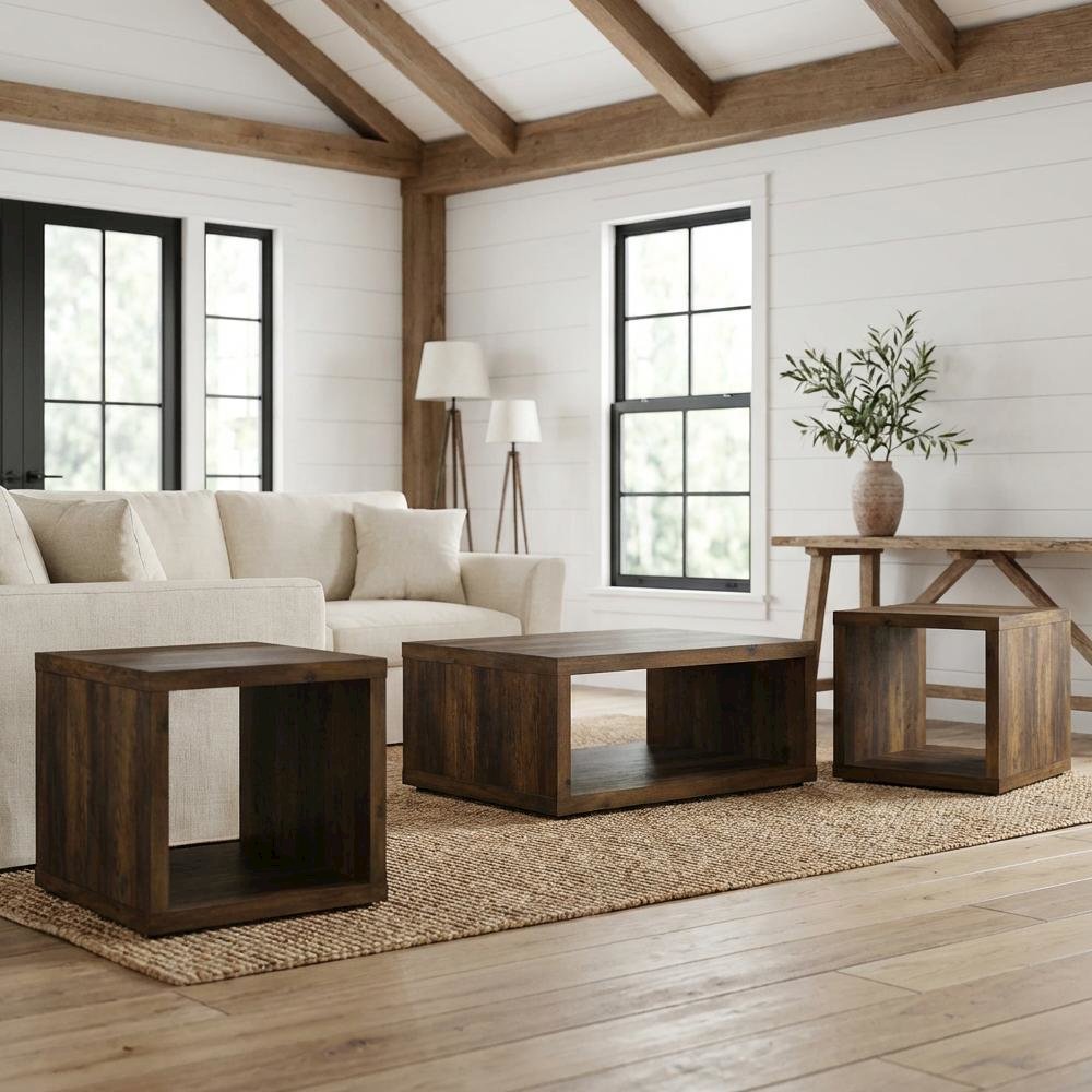 Dark Pine 3-Piece Coffee and End Table Set with Plastic Glide, Farmhouse Style. Picture 2