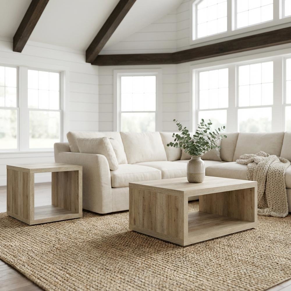Distressed Pine 2-Piece Coffee and End Table Set with Square Shape. Picture 2