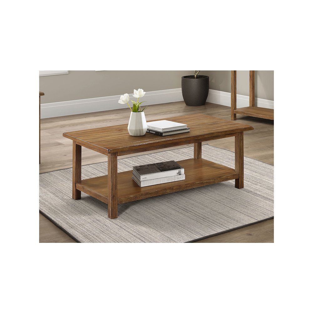 Payne Wood Coffee Table with Shelf Distressed Brown. Picture 7