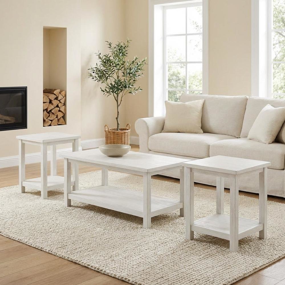 Distressed White 3-Piece Coffee and End Table Set with Rectangular Shape. Picture 3