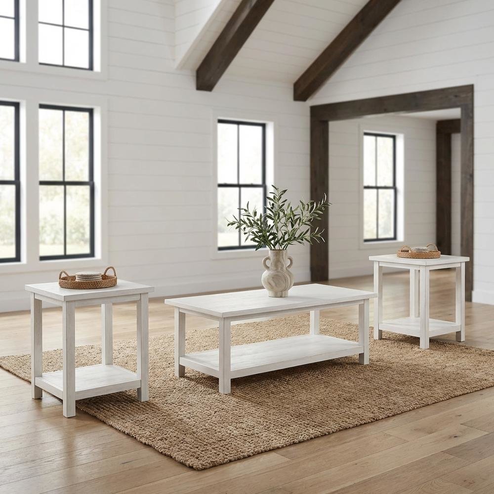 Distressed White 3-Piece Coffee and End Table Set with Rectangular Shape. Picture 2